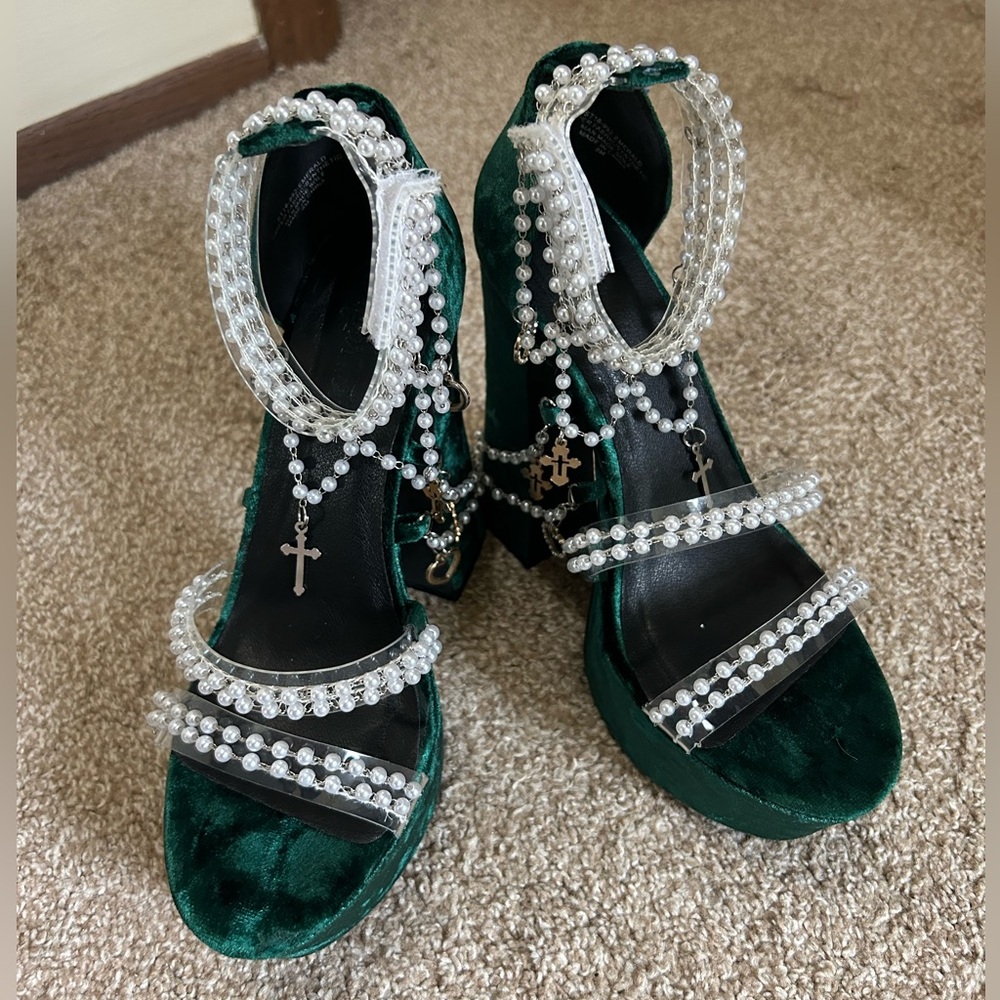Dolls Kill HOLY REVELATION PLATFORM HEELS - EMERALD SUGAR THRILLZ Size 8